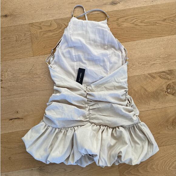 PLT Label - Ruched Puff Hem Strappy Bodycon Mini Dress in Beige - Picture 3 of 7